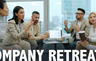 People in a meeting with a city skyline in the background.